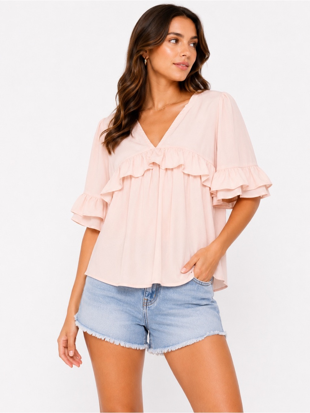 Entro Size Large Blush Pink Ruffle V-Neck Blouse